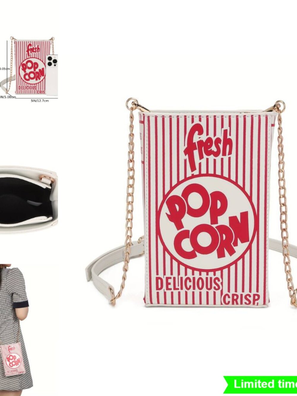 Popcorn Handbag Crossbody Chain Strap Square Shape Adjustable Wallet